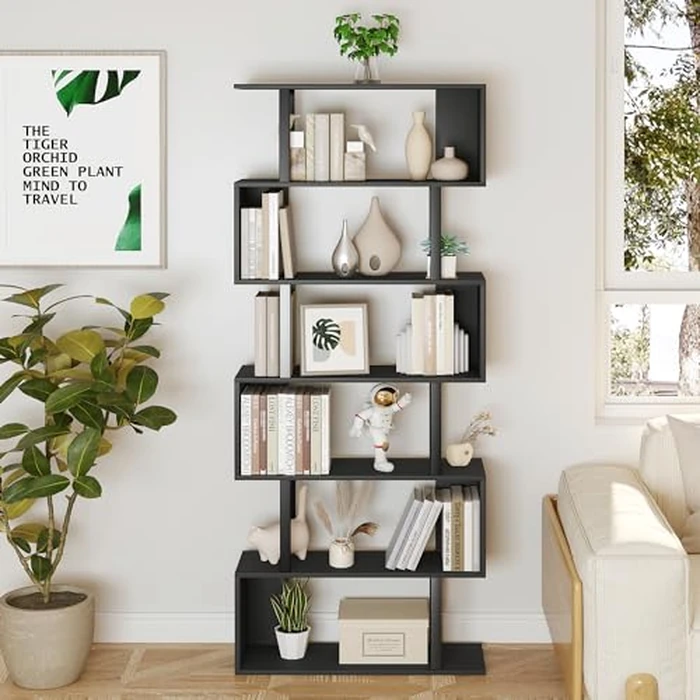 Yusong Geometric Bookcase, S Shaped Bookshelf 6-Tier Book Shelves for Bedroom, Modern Wood Decorative Display Shelf Tall Book Case for Home Office, Black by Yusong - Image 3