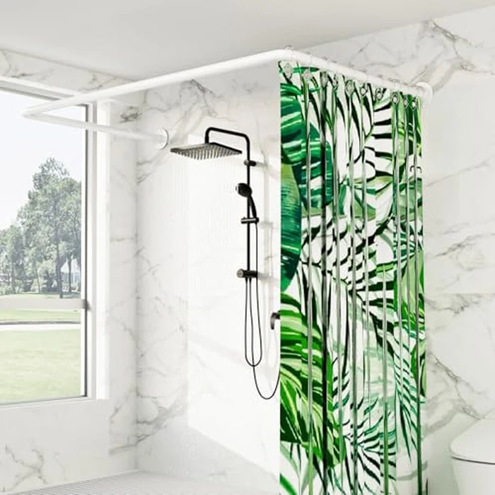 U Shaped Shower Curtain Rod, [Both Sides: 23"-52", Middle: 31"-46.5"] Adjustable U Shape Shower Rod White Outdoor Corner Curtain Pole for Bathroom Bathtub with Ceiling Support & 12 Hooks by Enicvegw - Used - Like New condition