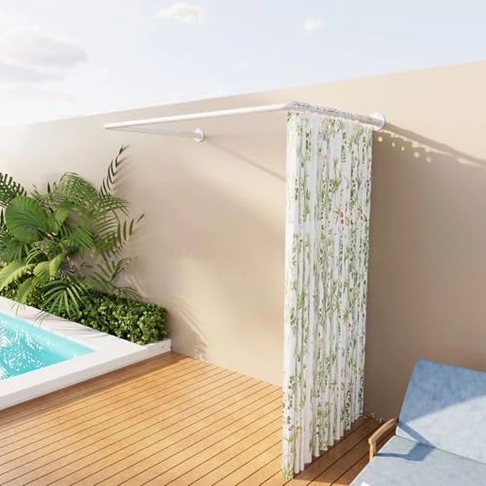 U Shaped Shower Curtain Rod, [Both Sides: 23"-52", Middle: 31"-46.5"] Adjustable U Shape Shower Rod White Outdoor Corner Curtain Pole for Bathroom Bathtub with Ceiling Support & 12 Hooks by Enicvegw - Image 8