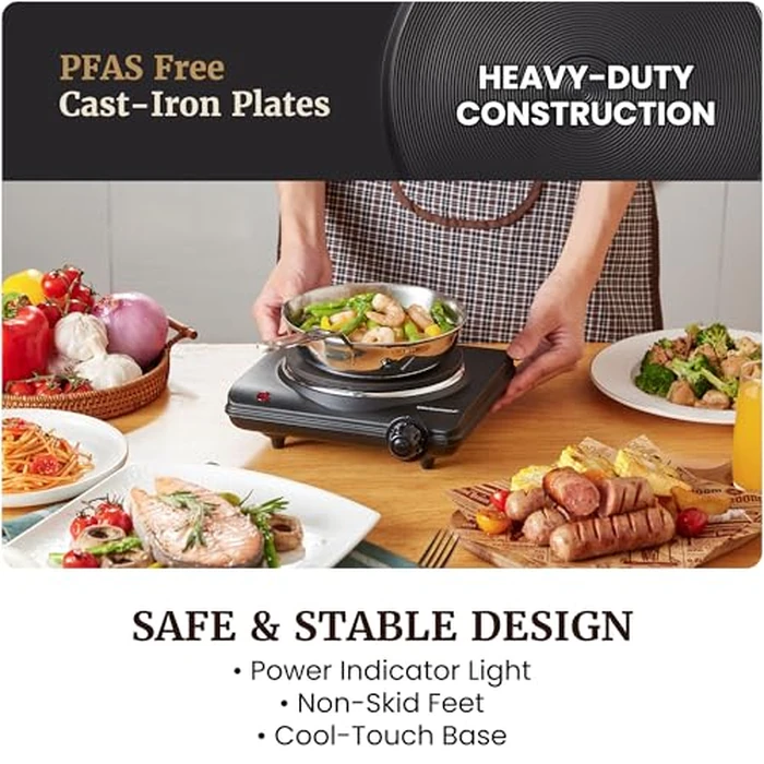 Elite Gourmet Countertop Electric Burner, 1000W Cast Iron Hot Plate, 7 Heat Settings, Portable Cooktop for RV, Dorm, Office & Small Kitchens, Road-Ready & Compact by Elite Gourmet - Image 6