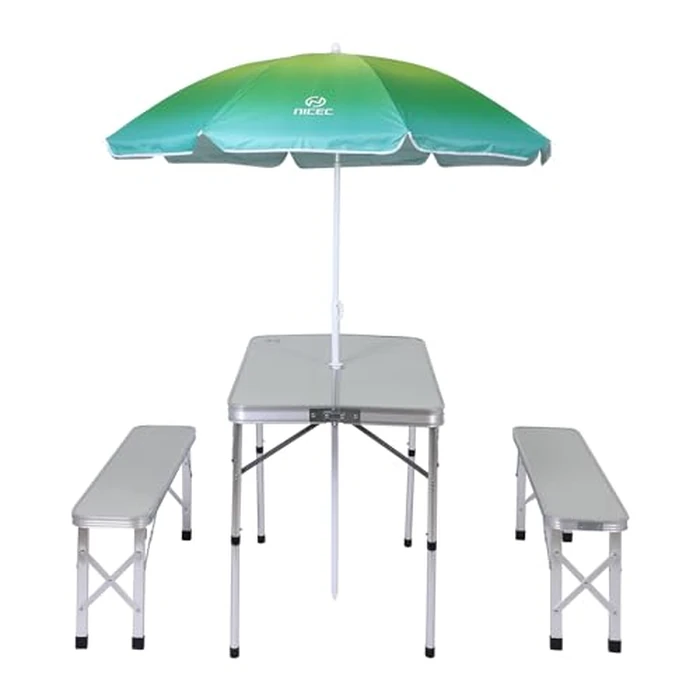 Nice C Camping Table, Folding Picnic Table, Folding Picnic Table Adult, Portable Picnic Table with Umbrella, 2 Benches and Umbrella, Mesh net for Backyard, Party, Outdoor, Patio, Lawn by NICE C - Used - Good condition