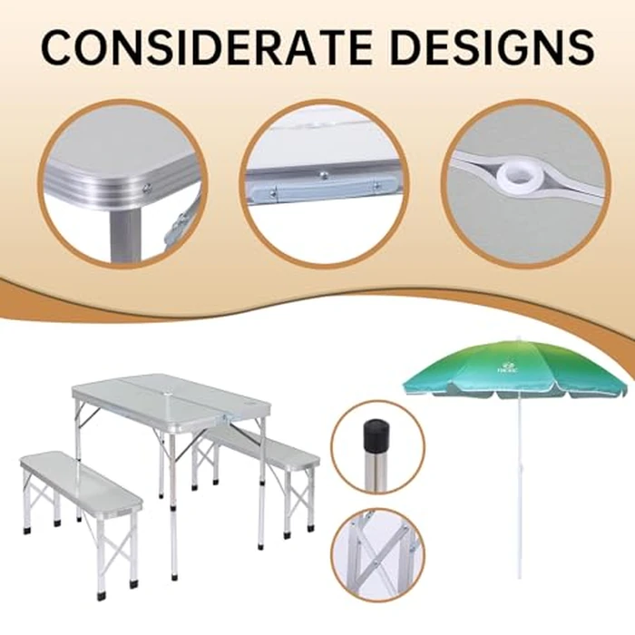 Nice C Camping Table, Folding Picnic Table, Folding Picnic Table Adult, Portable Picnic Table with Umbrella, 2 Benches and Umbrella, Mesh net for Backyard, Party, Outdoor, Patio, Lawn by NICE C - Image 3