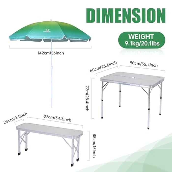 Nice C Camping Table, Folding Picnic Table, Folding Picnic Table Adult, Portable Picnic Table with Umbrella, 2 Benches and Umbrella, Mesh net for Backyard, Party, Outdoor, Patio, Lawn by NICE C - Image 6