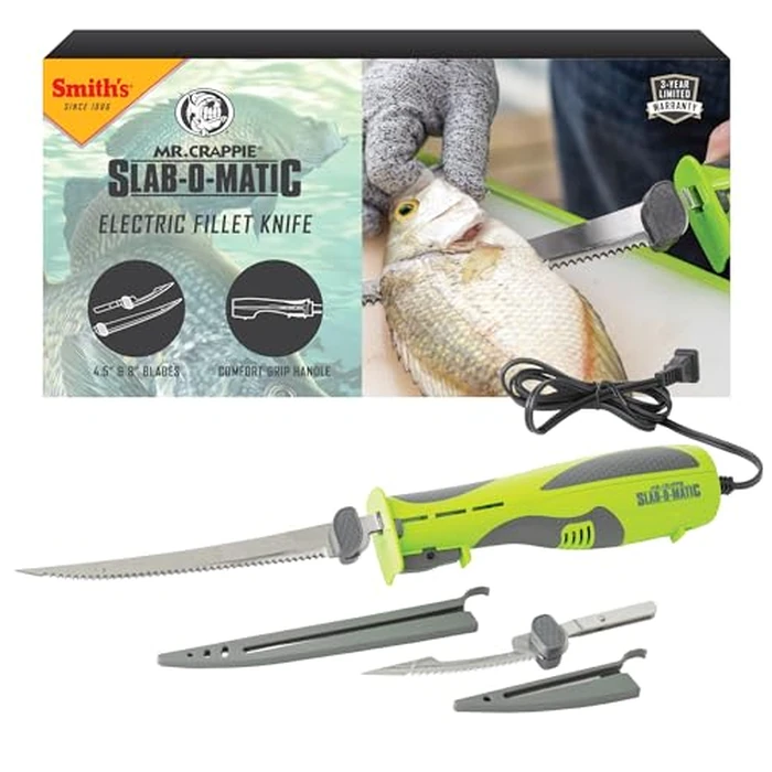 Smith’s Mr. Crappie Slab-O-Matic Electric Fillet Knife - Removable 8” & 4.5” Serrated Stainless Steel Blades w/ Sheaths - Fillet Glove & Mesh Storage Bag - Fishing, Outdoor, Hunting Electric Knife by Smith's - Used - Very Good condition - US$32.09