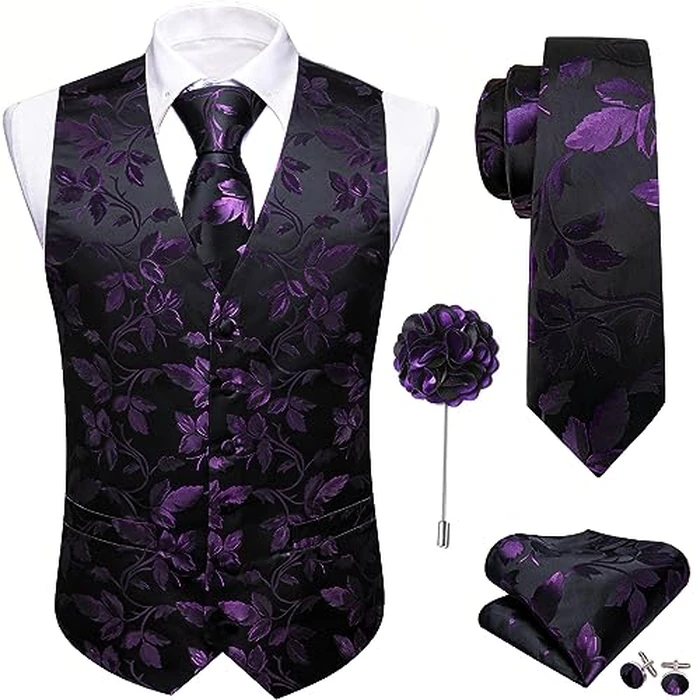 Barry.Wang Formal Men Flower Vest Paisley Jacquard Silk Ties Suit Waistcoat Set Wedding 5PCS Purple S by Barry.Wang - Used - Like New condition - US$37.04