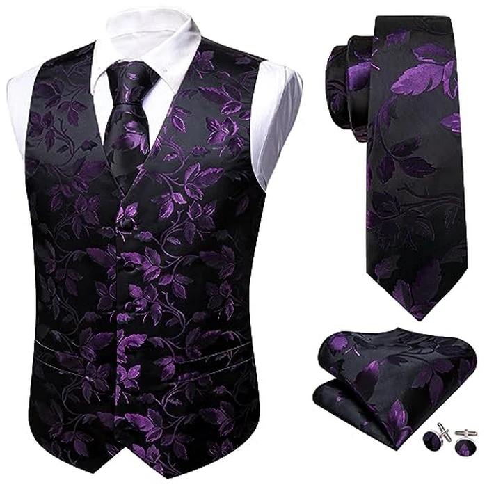Barry.Wang Formal Men Flower Vest Paisley Jacquard Silk Ties Suit Waistcoat Set Wedding 5PCS Purple S by Barry.Wang - Image 3