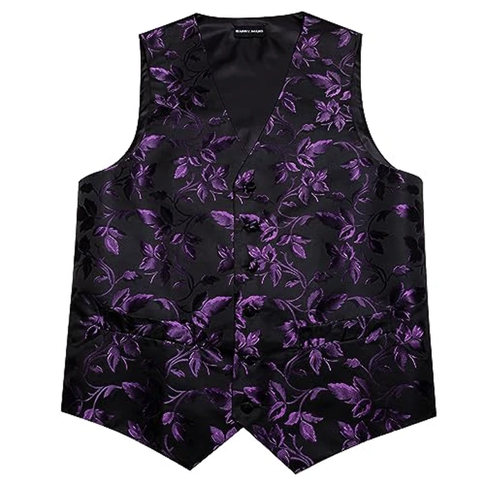 Barry.Wang Formal Men Flower Vest Paisley Jacquard Silk Ties Suit Waistcoat Set Wedding 5PCS Purple S by Barry.Wang - Image 4