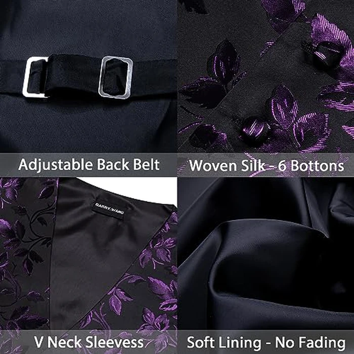 Barry.Wang Formal Men Flower Vest Paisley Jacquard Silk Ties Suit Waistcoat Set Wedding 5PCS Purple S by Barry.Wang - Image 5
