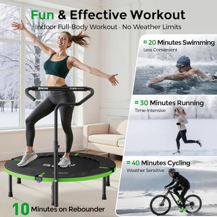 BCAN 40"/38" Foldable Mini Trampoline, Rebounder Trampoline for Adults, U/T Adjustable Foam Handle, Exercise Rebounder for Adults Indoor/Garden Workout, Max Load 330lbs/440lbs-40IN-T-Handle-Green by BCAN - Image 5