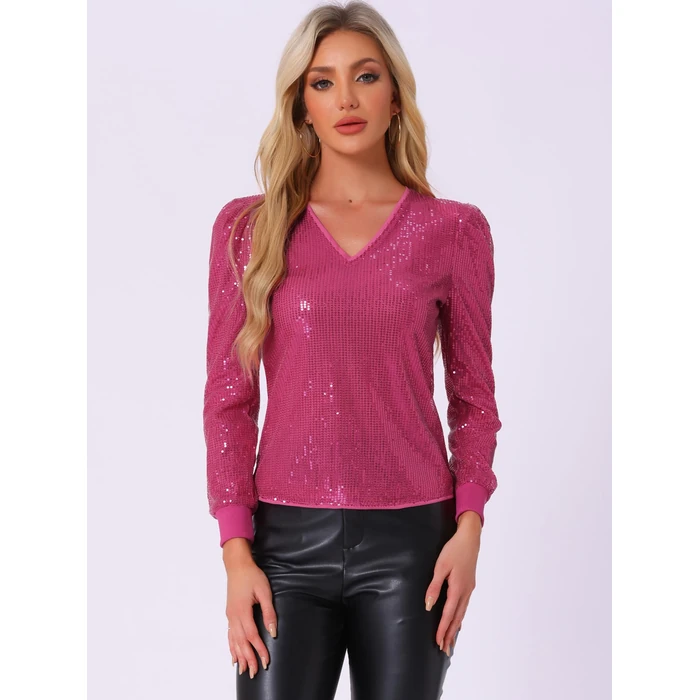 Allegra K Sparkly Sequin Top for Women's V Neck Party Metallic Blouse X-Small Hot Pink by Allegra K - Image 10