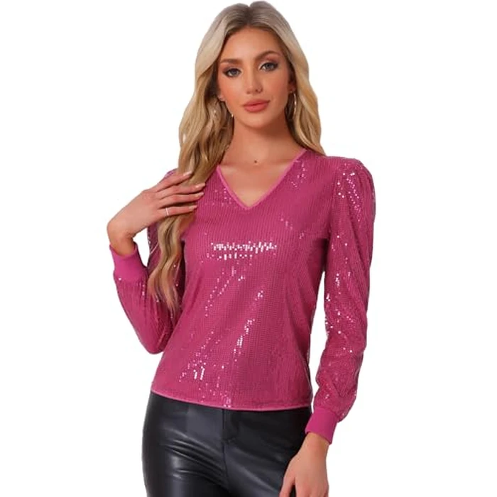 Allegra K Sparkly Sequin Top for Women's V Neck Party Metallic Blouse X-Small Hot Pink by Allegra K - Image 2