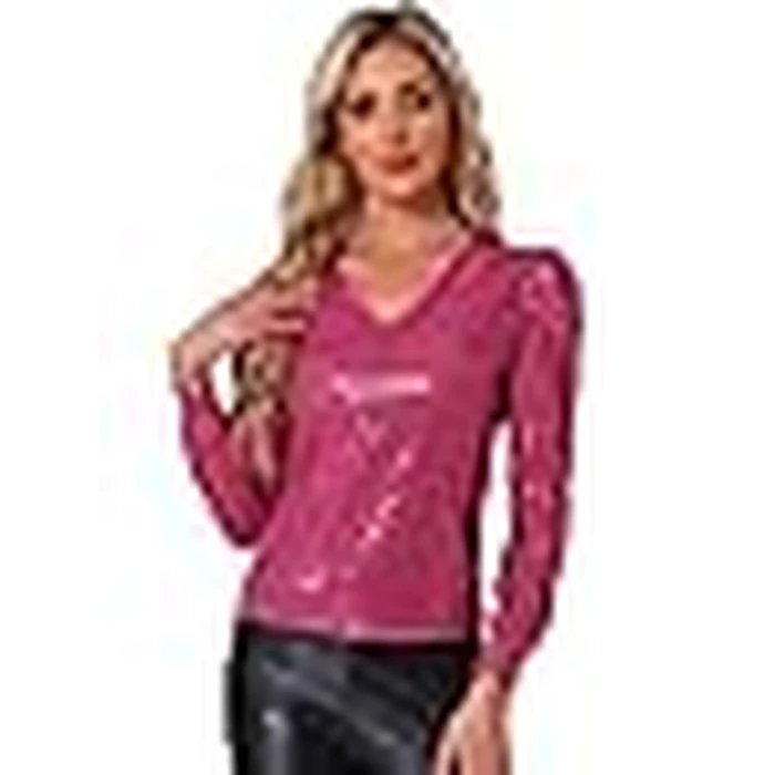 Allegra K Sparkly Sequin Top for Women's V Neck Party Metallic Blouse X-Small Hot Pink by Allegra K - Image 3