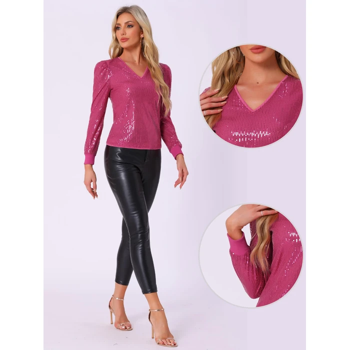 Allegra K Sparkly Sequin Top for Women's V Neck Party Metallic Blouse X-Small Hot Pink by Allegra K - Image 4