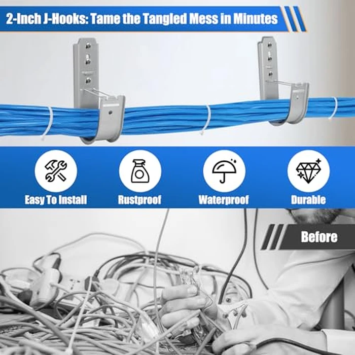 Podoy 2 Inch J Hooks for Cabling 100 Pack Cable Support Management Hook with Retainer Clips, Rust-Resistant Wall/Ceiling-Mount J Hooks for Hanging Data Center, Conduit & Network (Indoor/Outdoor) by Podoy - Image 3