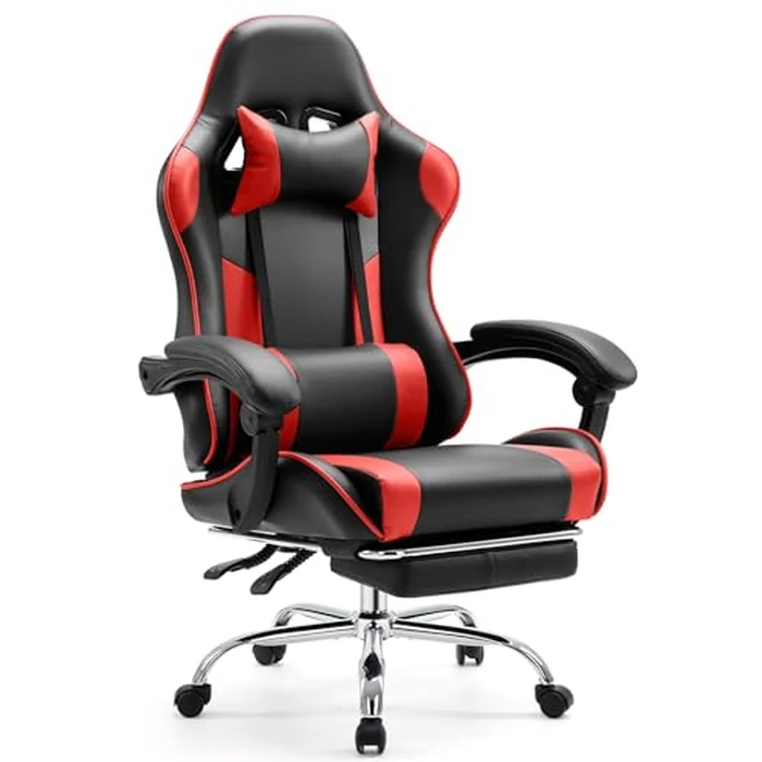Sweetcrispy Video Game Chair - Ergonomic Computer Desk with Footrest and Comfy Lumbar Support, PU Leather Recliner with Headrest, Fixed Up Armrest, Height Adjustable with 360 degrees Swivel, for Adults, Red by Sweetcrispy - Used - Very Good condition - US$75.90