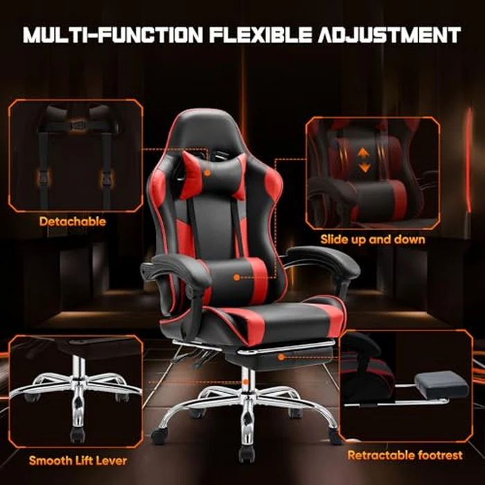 Sweetcrispy Video Game Chair - Ergonomic Computer Desk with Footrest and Comfy Lumbar Support, PU Leather Recliner with Headrest, Fixed Up Armrest, Height Adjustable with 360 degrees Swivel, for Adults, Red by Sweetcrispy - Image 3