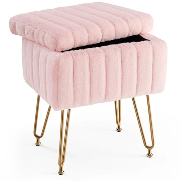 Sweetcrispy Vanity Stool Chair with Storage, Ottoman Chair Faux Fur Soft Padded Makeup Footstools Seat with 4 Metal Legs Anti-Slip Adjustable Feet for Make Up,18.9”H x 16”L x 12.2”W,Classic Pink by Sweetcrispy - Used - Acceptable condition
