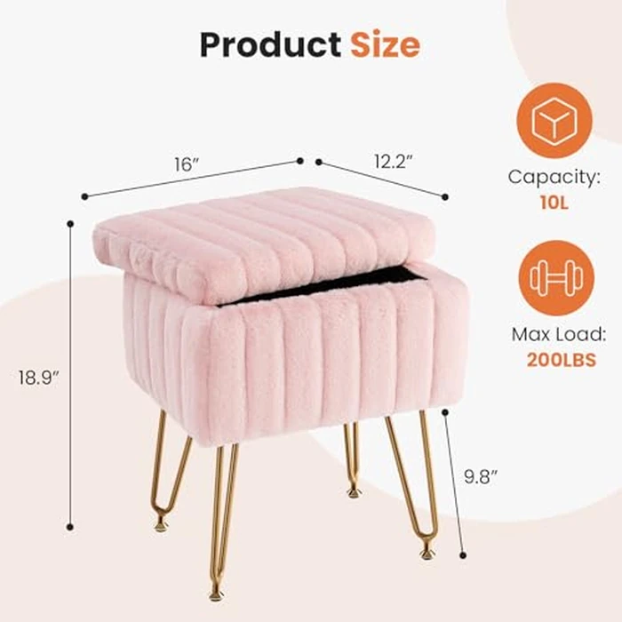 Sweetcrispy Vanity Stool Chair with Storage, Ottoman Chair Faux Fur Soft Padded Makeup Footstools Seat with 4 Metal Legs Anti-Slip Adjustable Feet for Make Up,18.9”H x 16”L x 12.2”W,Classic Pink by Sweetcrispy - Image 5