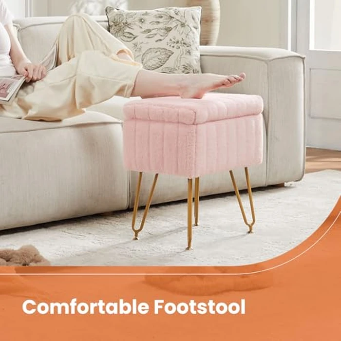 Sweetcrispy Vanity Stool Chair with Storage, Ottoman Chair Faux Fur Soft Padded Makeup Footstools Seat with 4 Metal Legs Anti-Slip Adjustable Feet for Make Up,18.9”H x 16”L x 12.2”W,Classic Pink by Sweetcrispy - Image 7