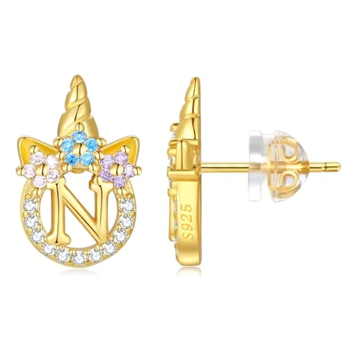 Seraphina Unicorn Sterling Silver Initial N Earrings for Girls Women - Hypoallergenic 14K Gold Plated Letter Unicorn Earrings for Little Girls Kids Unicorn Gifts by Seraphina - Used - Very Good condition - US$6.20