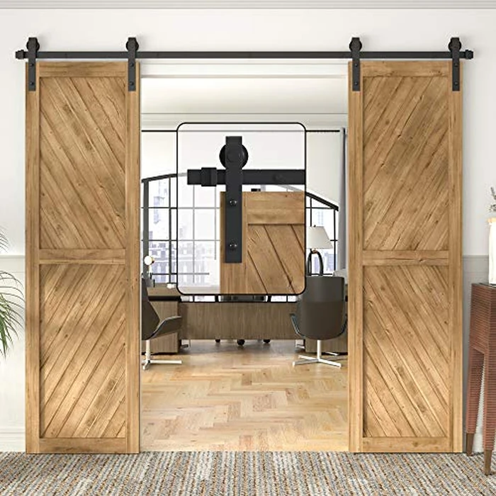 WINSOON 8FT Barn Door Hardware Kit: Double Sliding Door Hardware - Heavy Duty Black Barn Door Track Kit - Carbon Steel Sliding Barn Door Rail - J-Shape Easy to Install for 48" Closet Panel(No Door) by WINSOON - Used - Like New condition - US$37.27