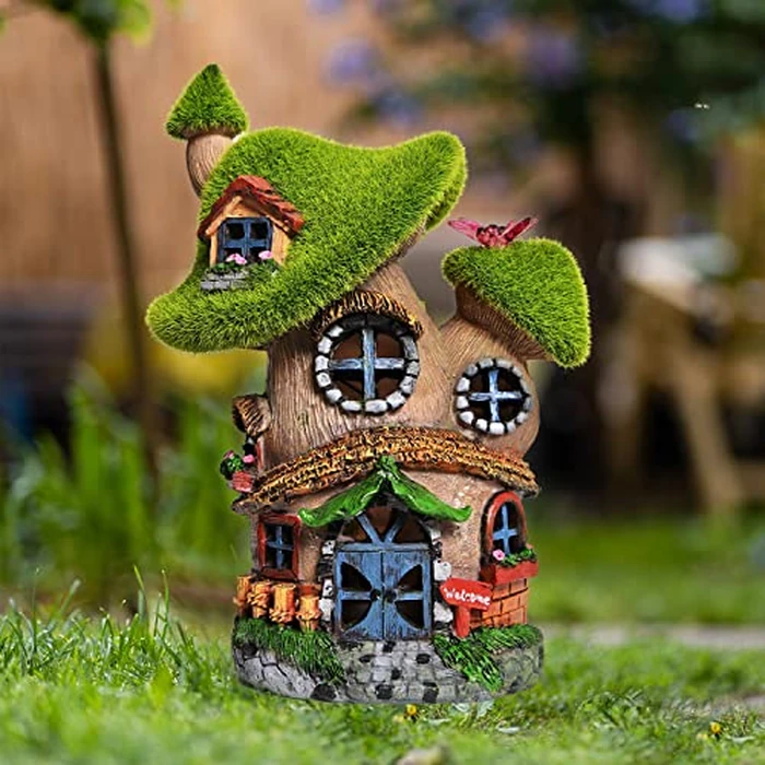 ASAWASA Flocked Mushroom Fairy Garden House with Solar Light,Funny Statue Sculptures for Garden Decor,Exquisite Garden Cottage Figurines for Patio Lawn Yard Gift Decoration by ASAWASA - Image 2