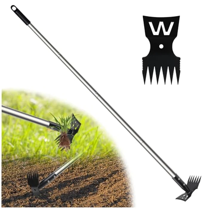 YUJOIBAN Weed Puller Tool with Long Handle, 60" Weed Remover Tool, 2 in 1 Weed Rake & Garden Hoe for Weeding, Weeder Tool with Detachable Handle, Uprooting Weeding Tool for Yard, Lawn, Patio, Garden by YUJOIBAN - Used - Like New condition
