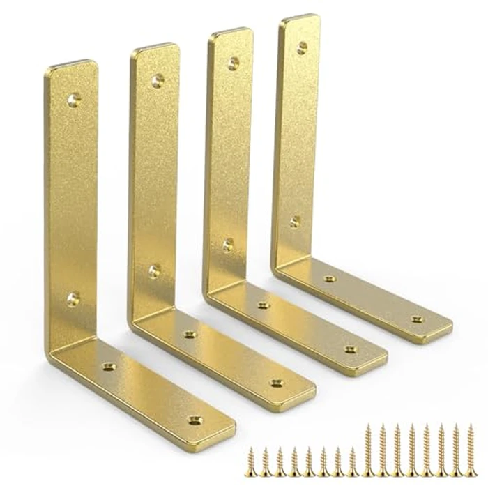 Gold Heavy Duty Shelf Brackets 4 Inch, Rustic Gold Iron L Shelf Bracket, Industrial Modern Metal Floating Shelf with Hardware for DIY Open Shelving, 4 Pack by Sanbeeto - Used - Like New condition - US$22.71