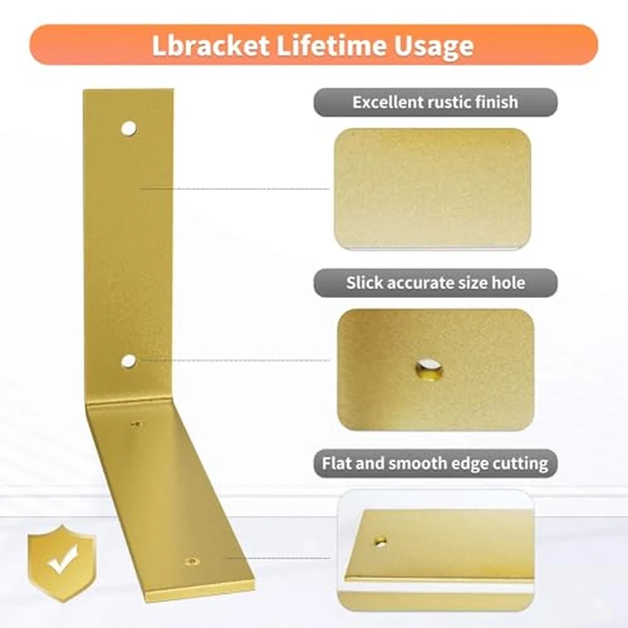 Gold Heavy Duty Shelf Brackets 4 Inch, Rustic Gold Iron L Shelf Bracket, Industrial Modern Metal Floating Shelf with Hardware for DIY Open Shelving, 4 Pack by Sanbeeto - Image 2