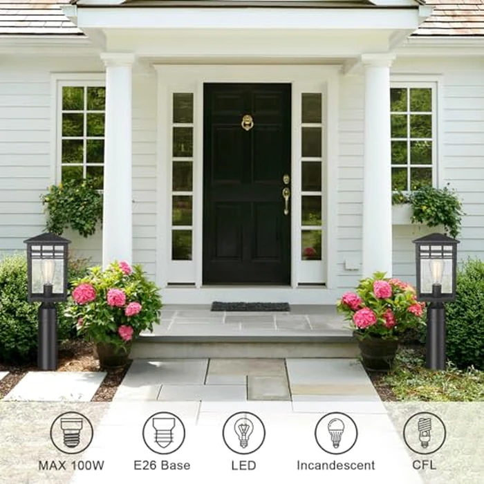 Diyel Outdoor Post Light Fixture, Modern Exterior Pillar Lantern with Black Finish & Seeded Glass, Pole Light for Garden, Backyard, Courtyard, Patio, Porch, RZ009-P BK by Diyel - Image 3