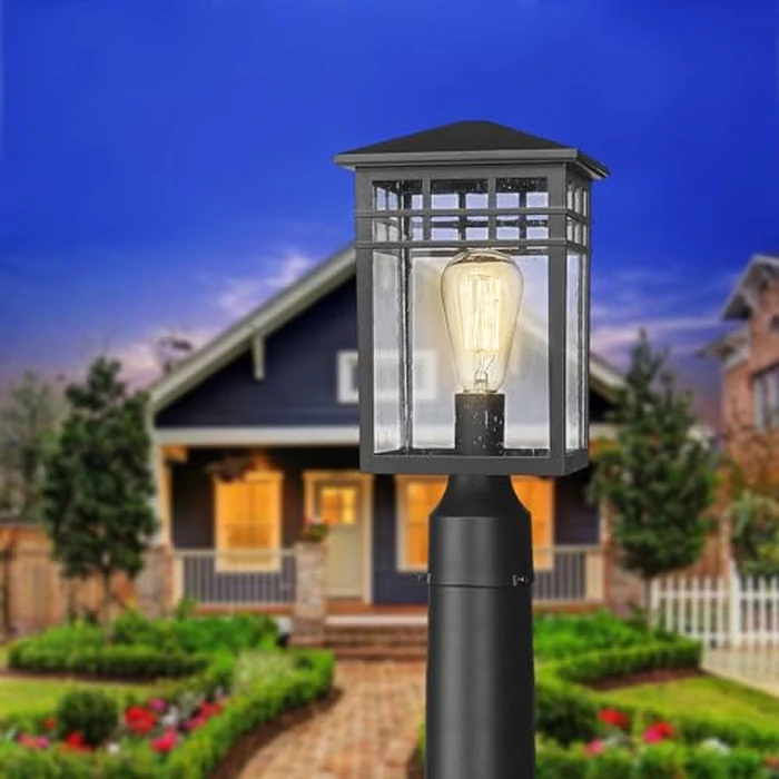 Diyel Outdoor Post Light Fixture, Modern Exterior Pillar Lantern with Black Finish & Seeded Glass, Pole Light for Garden, Backyard, Courtyard, Patio, Porch, RZ009-P BK by Diyel - Image 6