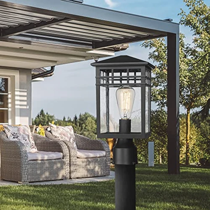 Diyel Outdoor Post Light Fixture, Modern Exterior Pillar Lantern with Black Finish & Seeded Glass, Pole Light for Garden, Backyard, Courtyard, Patio, Porch, RZ009-P BK by Diyel - Image 9