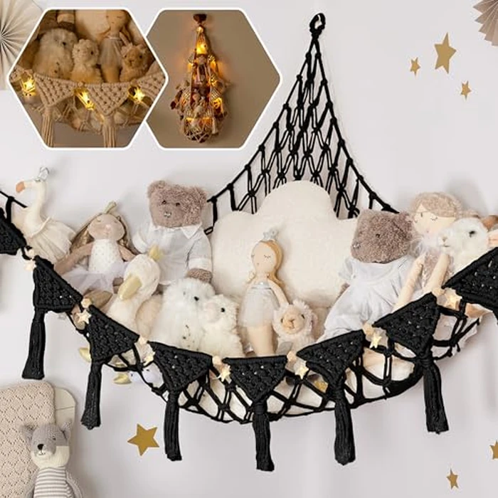 TIDYTEDS Macrame DreamLights Boho Stuffed Animal Storage Net Hammock Extra Large Plush Toy Storage Holder For Small Or Large Plushies Cream (Parent) (Black) by TIDYTEDS - Image 1