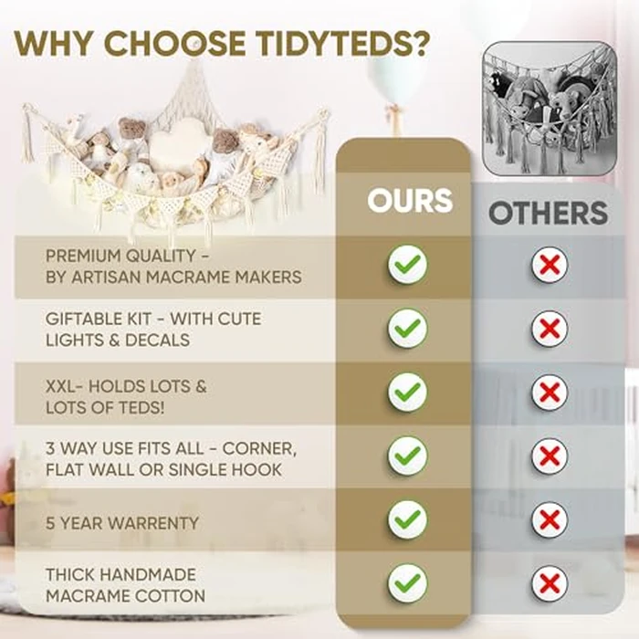 TIDYTEDS Macrame DreamLights Boho Stuffed Animal Storage Net Hammock Extra Large Plush Toy Storage Holder For Small Or Large Plushies Cream (Parent) (Black) by TIDYTEDS - Image 3