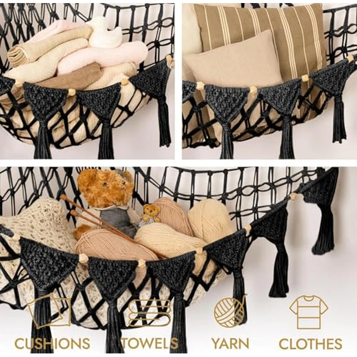 TIDYTEDS Macrame DreamLights Boho Stuffed Animal Storage Net Hammock Extra Large Plush Toy Storage Holder For Small Or Large Plushies Cream (Parent) (Black) by TIDYTEDS - Image 6