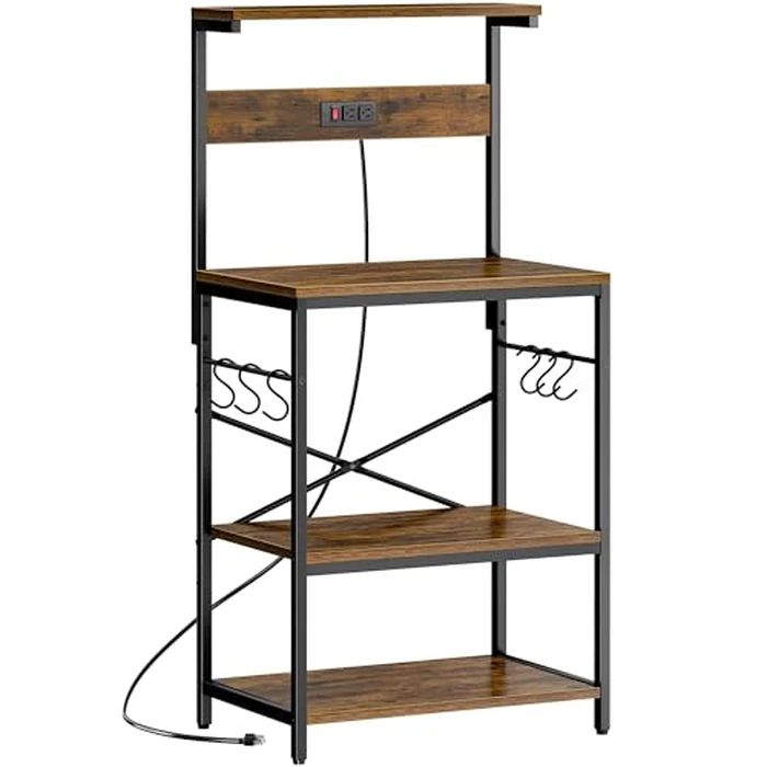SUPERJARE Kitchen Bakers Rack with Power Outlet, Coffee Bar Table 4 Tiers, Kitchen Microwave Stand with 6 S-Shaped Hooks, Storage Shelf Rack for Spices, Pots and Pans - Rustic Brown by SUPERJARE - Used - Very Good condition