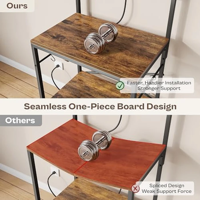 SUPERJARE Kitchen Bakers Rack with Power Outlet, Coffee Bar Table 4 Tiers, Kitchen Microwave Stand with 6 S-Shaped Hooks, Storage Shelf Rack for Spices, Pots and Pans - Rustic Brown by SUPERJARE - Image 3