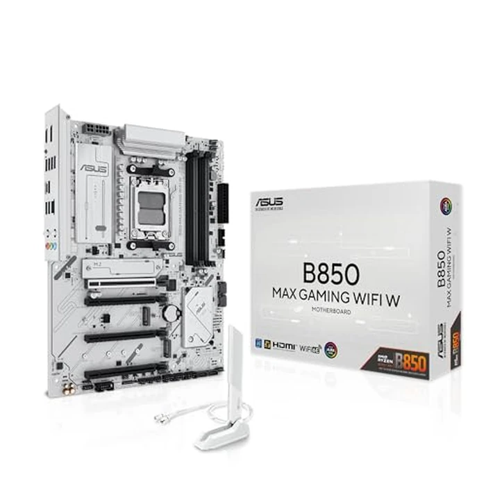 ASUS B850 MAX GAMING WIFI W, AMD ATX Motherboard, 8 + 2 + 1 Power Supply Stage, DDR5, PCIe 5.0 Slot, 3 M.2 Slots, WiFi 6E, Ethernet 2.5 Gb, USB-A, USB-C, HDMI, BIOS Flashback and Aura Sync, White by Asus - Used - Very Good condition - CA$257.28