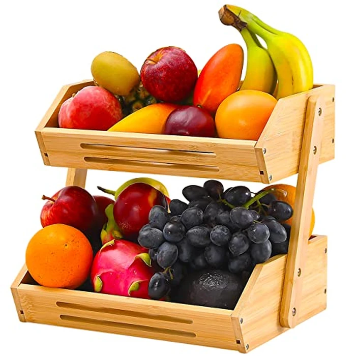 VIKEYHOME Fruit Basket, 2 Tier Bamboo Fruit Basket for Kitchen, 11" Tall Fruit Stand Storage Holder, Heavy Duty/Large Capacity for Vegetables, Fruit, and Snack, 15 mm Thickness (Self-assembly) by VIKEYHOME - Image 3