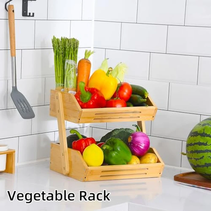 VIKEYHOME Fruit Basket, 2 Tier Bamboo Fruit Basket for Kitchen, 11" Tall Fruit Stand Storage Holder, Heavy Duty/Large Capacity for Vegetables, Fruit, and Snack, 15 mm Thickness (Self-assembly) by VIKEYHOME - Image 6