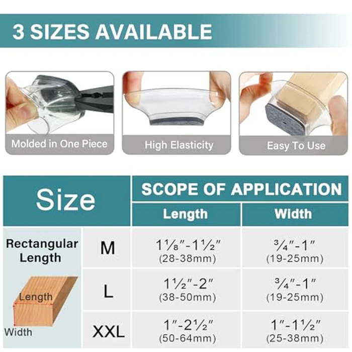 24 Pcs Chair Leg Floor Protectors Rectangle, Silicone Felt Furniture Leg Pads Caps Covers for Hardwood Floors, Fit L:2" to 2-1/2", W:1" to 1-1/2" by Ansible - Image 5