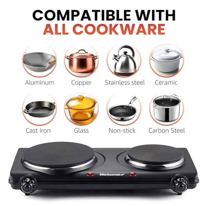 Elite Gourmet EDB-302BF# Countertop Double Cast Iron Burner, 1500 Watts Electric Hot Plate, Temperature Controls, Power Indicator Lights, Easy to Clean, Black by Elite Gourmet - Image 6