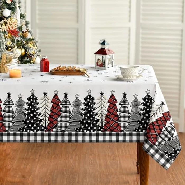 Horaldaily Christmas Tablecloth 60x140 Inch, Christmas Trees Buffalo Plaid Black Washable Table Cover for Party Picnic Dinner Decor by Horaldaily - Used - Like New condition