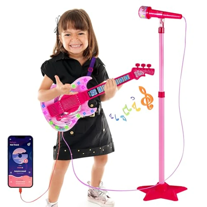 Guitar and Microphone Play Set for Girls,Karaoke Machine with Music&Light,Microphone Toys with Stand,Adjustable Height Guitar Toys for Kids,Toddlers,Child(Red) by Milk Frog - Used - Like New condition - US$23.74