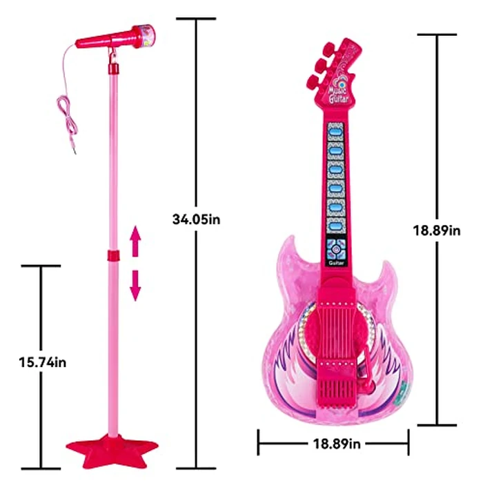 Guitar and Microphone Play Set for Girls,Karaoke Machine with Music&Light,Microphone Toys with Stand,Adjustable Height Guitar Toys for Kids,Toddlers,Child(Red) by Milk Frog - Image 2