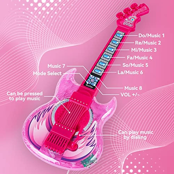 Guitar and Microphone Play Set for Girls,Karaoke Machine with Music&Light,Microphone Toys with Stand,Adjustable Height Guitar Toys for Kids,Toddlers,Child(Red) by Milk Frog - Image 3