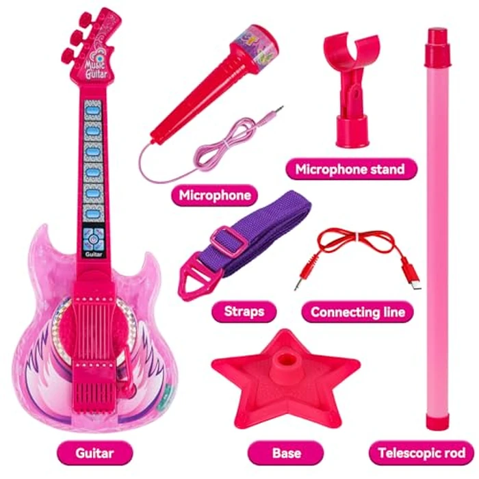 Guitar and Microphone Play Set for Girls,Karaoke Machine with Music&Light,Microphone Toys with Stand,Adjustable Height Guitar Toys for Kids,Toddlers,Child(Red) by Milk Frog - Image 4