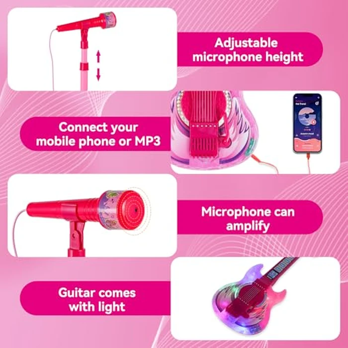 Guitar and Microphone Play Set for Girls,Karaoke Machine with Music&Light,Microphone Toys with Stand,Adjustable Height Guitar Toys for Kids,Toddlers,Child(Red) by Milk Frog - Image 5