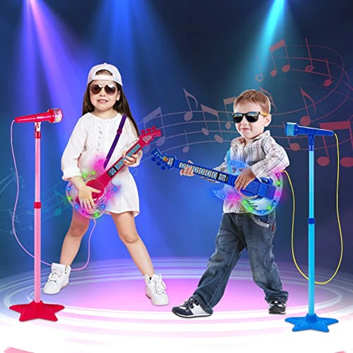 Guitar and Microphone Play Set for Girls,Karaoke Machine with Music&Light,Microphone Toys with Stand,Adjustable Height Guitar Toys for Kids,Toddlers,Child(Red) by Milk Frog - Image 6