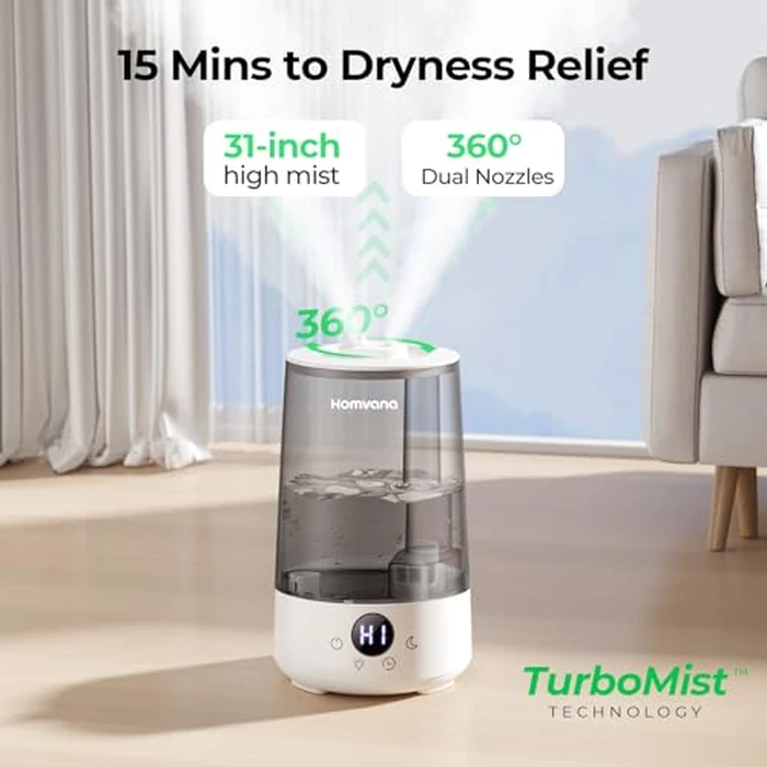 Homvana Humidifiers for Bedroom Home, 3.6 L Cool Mist Top-Fill 34H Super Long Time, Quiet 16dB, Baby Humidifier, Oil Diffuser Large, Plants, Nursery, Office BPA FREE, 7 Color Light (Grey) by Homvana - Image 1